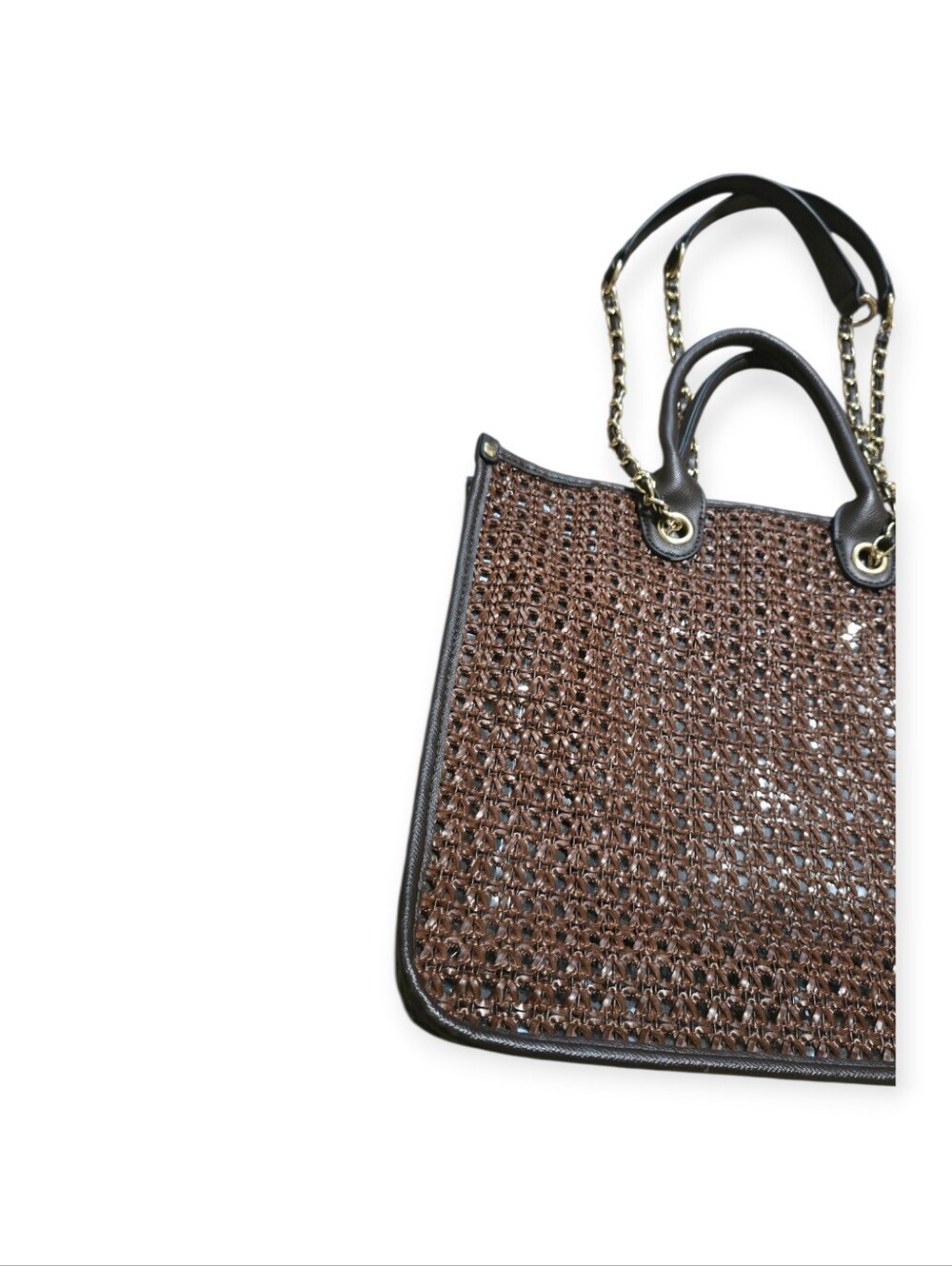 Steve Madden Brown Woven Tote with Black Trim and Gold Chain - Picture 7 of 10